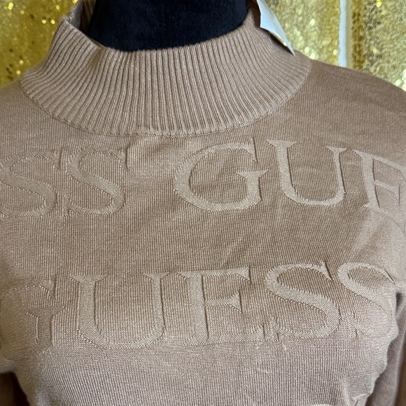 GUESS Long Sleeve, High neck.  Ribbed Tan Embossed Logo top - Picture 3 of 8